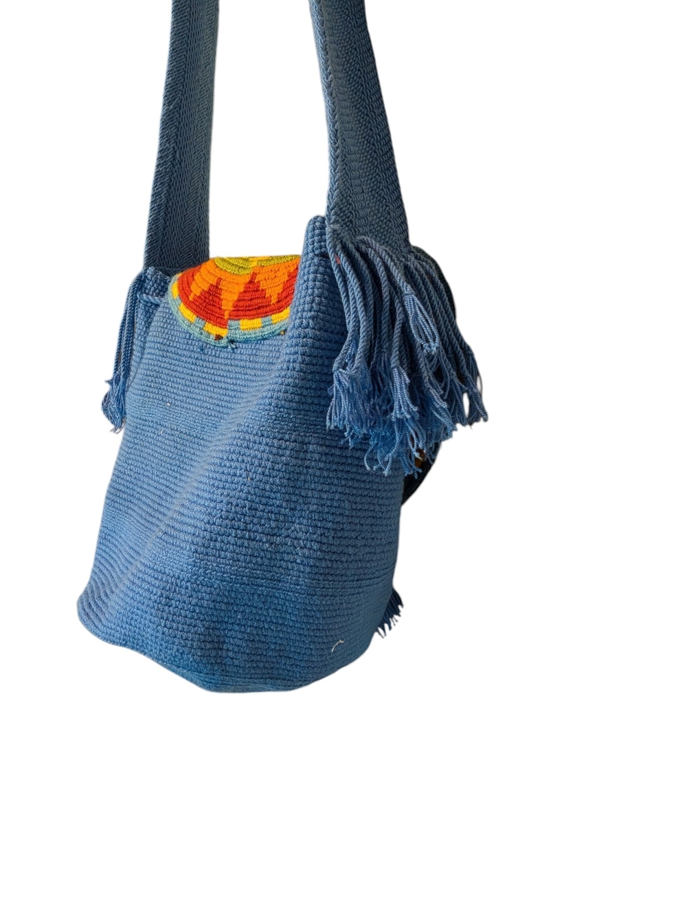 Handwoven Blue Crossbody Bag with Orange Sunburst Flap - Picture 3 of 6